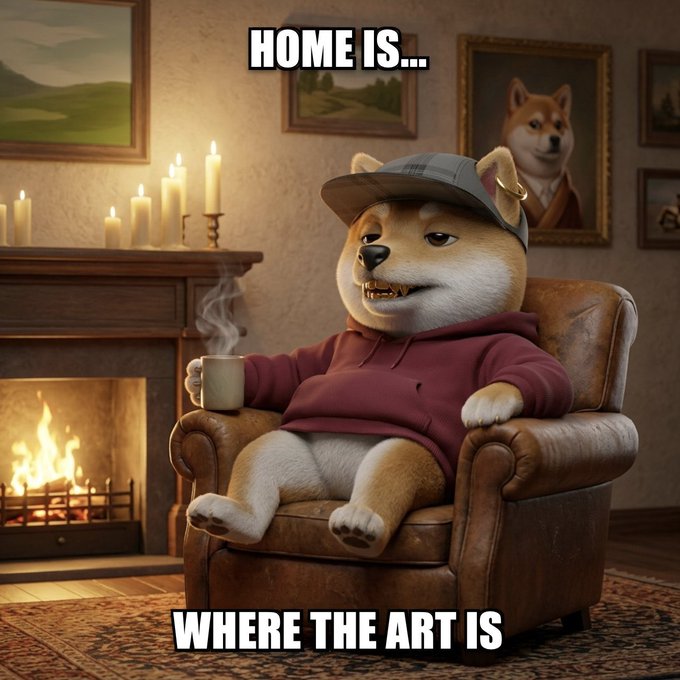 AI-generated meme image of a Shiba Inu dog wearing a hat and maroon hoodie sitting in a leather armchair by a fireplace, with text 'HOME IS... WHERE THE ART IS'.