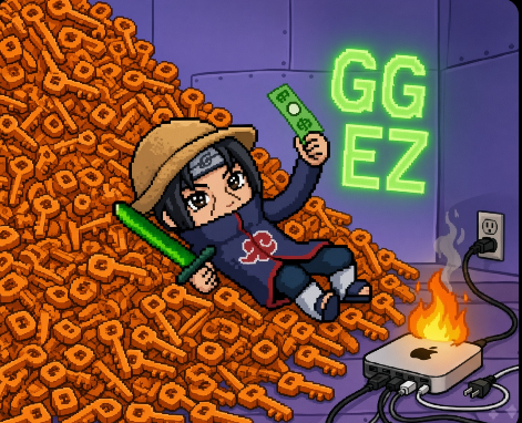 Anime-style illustration of a character resembling Itachi Uchiha from Naruto lounging on a massive pile of orange PEPE tokens, holding a green remote and a green lightsaber, with a neon 'GG EZ' sign and a hot Mac mini nearby.