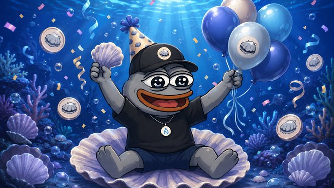 A cartoon duck-like character wearing a party hat and cap sits in an underwater scene holding balloons, surrounded by seashells, confetti, and silver coins on a clamshell.