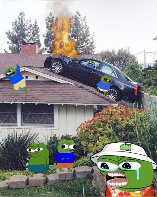 A meme image showing a crashed and flaming car on a house roof, edited with various Pepe the Frog characters reacting to the scene.