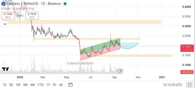 The image shows a Cardano (ADA/USDT) daily chart on Binance, currently trading at $0.1939, down 0.77%, with price action pulling back into a previously broken resistance zone (~$0.25-$0.30) highlighted by orange bands, while forming a rising wedge pattern. This visualizes the post's point about "price pulling back into resistance" as whales accumulate 60M coins ahead of catalysts like the Clarity Act vote and Fed decision.