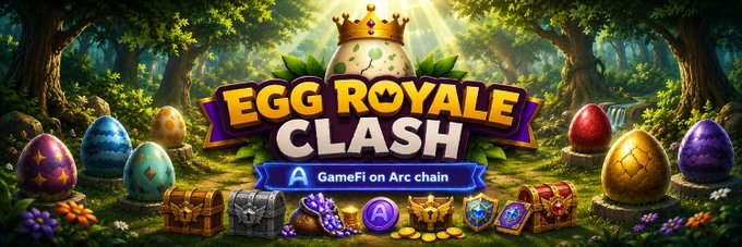 A colorful promotional graphic for 'Egg Royale Clash,' a GameFi game on the Arc chain, depicting decorative eggs, treasure chests, and a crown emblem in a fantasy forest setting.