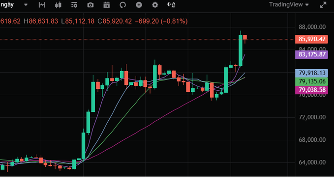 A TradingView candlestick chart shows Bitcoin (BTC) price action with current values H86,631.83 L85,112.18 C85,920.42, down 0.81%, with moving averages displayed against a dark background.