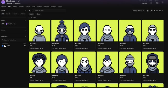 A screenshot of the BlnkSweep NFT marketplace displaying the "BLNK" collection with pixel art character avatars priced at 0.0025 WETH, corresponding to the post's mention of purchasing 81 NFTs from the secondary market to airdrop to the community.