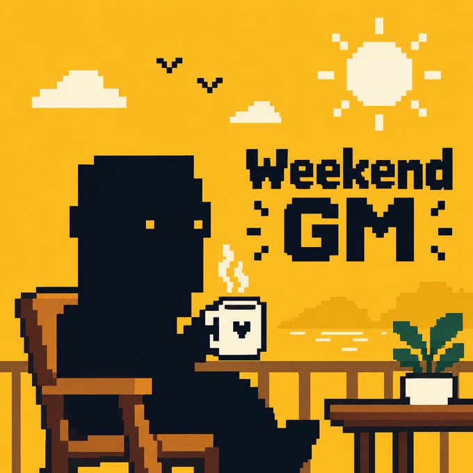 A pixel art image featuring a dark silhouette of a person holding a steaming mug, with the text 'Weekend GM' against a yellow background with a sun, clouds, and birds.