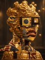 A close-up image of an ornate, golden figurine or idol with a mosaic-like texture, featuring a stylized face with prominent eyes and a colorful headdress.