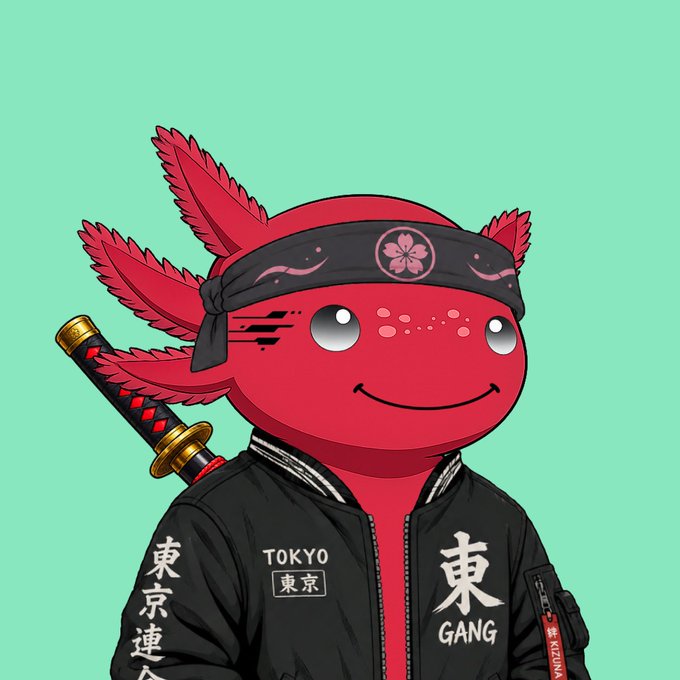 An illustrated cartoon character of a red axolotl wearing a black headband with a pink flower emblem, a black jacket with 'TOKYO' and '東京 GANG' text and Japanese characters, holding a katana against a mint green background.