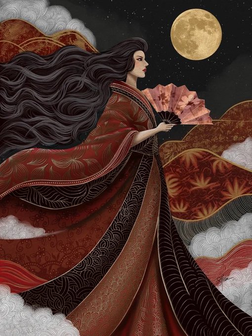 A beautifully detailed digital artwork titled "Vaeloria" features an elegant figure with flowing dark hair, dressed in intricate red and gold robes, holding a delicate fan beneath a luminous full moon surrounded by swirling clouds.

The image's mystical, ethereal aesthetic complements the post's offering of a 1/1 NFT artwork "Vaeloria" priced at 10 XRP, showcasing the ornate, fantasy-inspired style typical of collectible crypto art.