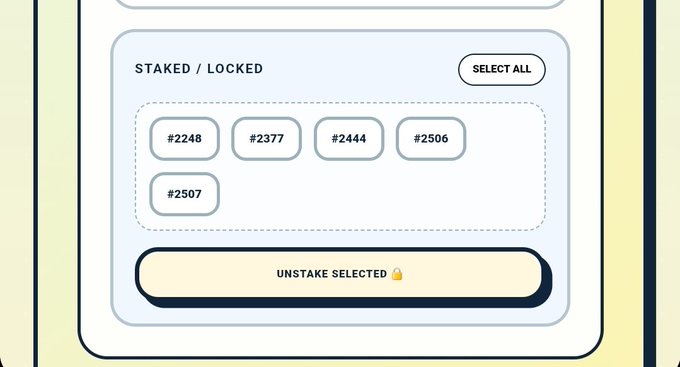 A user interface displaying 'STAKED / LOCKED' NFT numbers (#2248, #2377, #2444, #2506, #2507) with an 'UNSTAKE SELECTED' button.