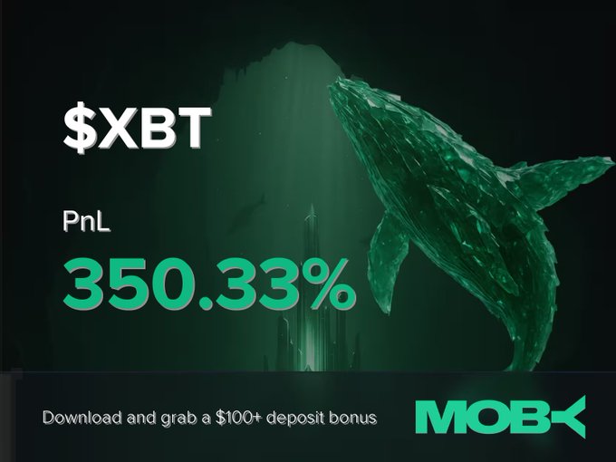 A trader on Moby Mobile closed a $XBT position with an impressive +350.33% PnL, as highlighted in a promotional graphic featuring a whale silhouette alongside a $100+ deposit bonus offer. The image ties directly to the post by showcasing the substantial gain achieved by a user on the platform.
