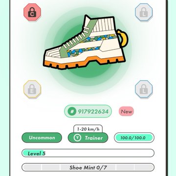 The image shows a STEPN app screen displaying a "Trainer" shoe sneaker NFT at Level 5 with Uncommon rarity, energy of 917922634, and a "Shoe Mint 0/7" counter, with most upgrade slots locked. This relates to the post about planning to mint the Trainer shoe to increase mint count and create sub-energy shoes in preparation for future gamble mints.