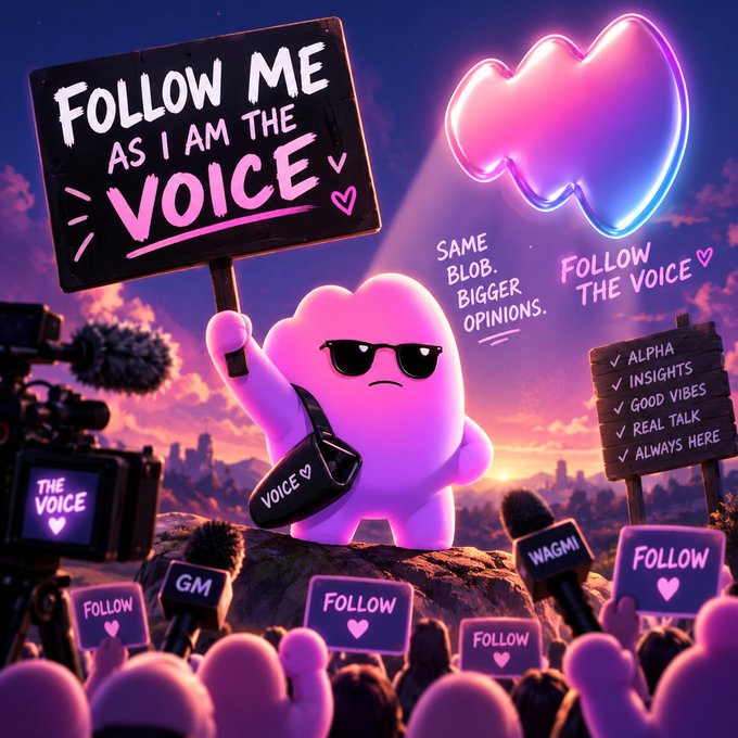 Vibrant digital artwork of a pink character wearing sunglasses and holding a 'Follow Me As I Am The Voice' sign, surrounded by cameras, microphones, and crowd signs.