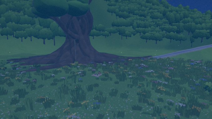 A video game scene shows a large tree in a grassy meadow surrounded by forest under a dusky sky.
