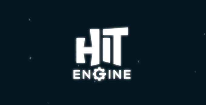 The image shows a logo with the text "HIT ENGINE" in white on a dark background, where the letter "I" in "HIT" is stylized as a gear. This appears to be promotional artwork for a slot or casino game called "Hit Engine," which aligns with the accompanying post directing users to play the game on Stake casino.