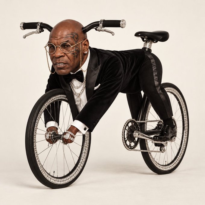 A man in a black tuxedo with a bow tie and diamond jewelry is creatively composited so his body forms the frame of a bicycle, with the handlebars behind his head and the wheels on his arms and legs.