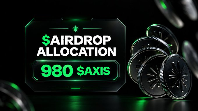 A promotional graphic for a cryptocurrency '$AIRDROP ALLOCATION' offering '980 $AXIS' tokens, featuring dark metallic coins with an 'X' logo on a green and black background.