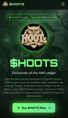 A promotional graphic for "$HOOTS" on the XRP Ledger, featuring a hooting owl mascot and text stating the token launches "Exclusively on the XRP Ledger." The image showcases the branding for the HootS token project, matching the context of building the hootsxrpl.com website mentioned in the post.
