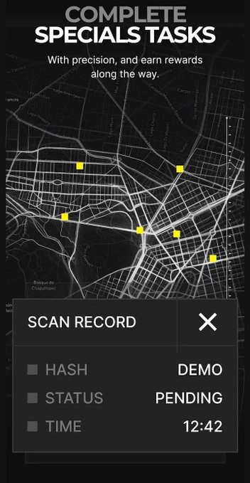 A dark-themed mobile game screenshot showing a map interface with the text 'COMPLETE SPECIALS TASKS' and 'With precision, and earn rewards along the way.' at the top, and a 'SCAN RECORD' panel at the bottom showing HASH: DEMO, STATUS: PENDING, TIME: 12:42.