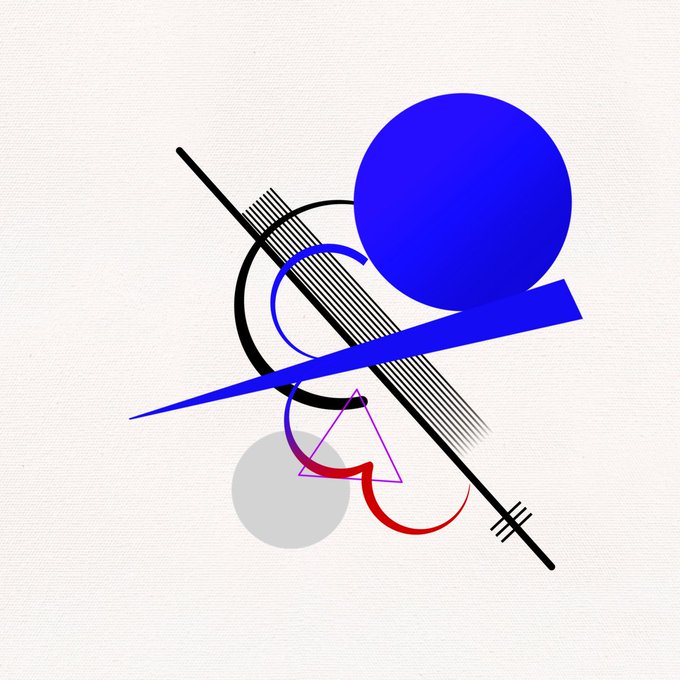 An abstract geometric artwork featuring a large blue circle, a black diagonal line, and overlapping shapes in red, gray, and purple on a textured white background.