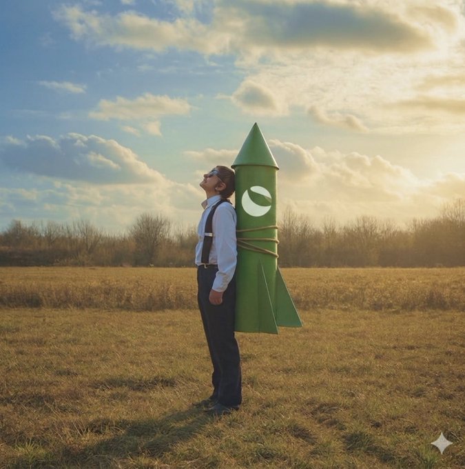 A man in suspenders and goggles stands in an open field, gazing skyward while wearing a large green rocket strapped to his back, symbolizing bullish momentum. The image visually reinforces the post's message about $LUNC's price recovery above $0.00005 and the growing anticipation of a rally tied to USTC staking and MM2 developments.