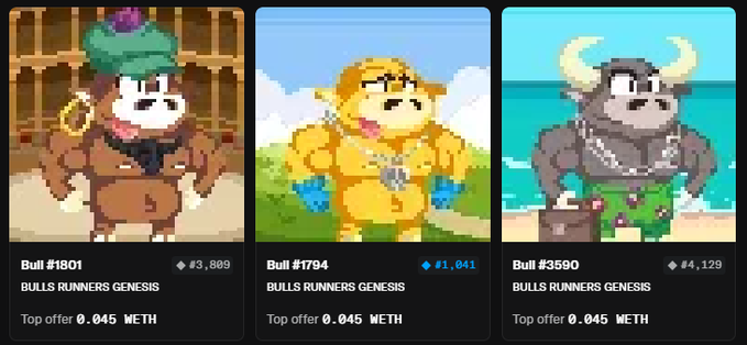 Three pixel-art NFT character cards from 'BULLS RUNNERS GENESIS' showing a bull in a hat (#1801), a muscular golden bull (#1794), and a gray bull with horns (#3590), each listing a top offer of 0.045 METH.