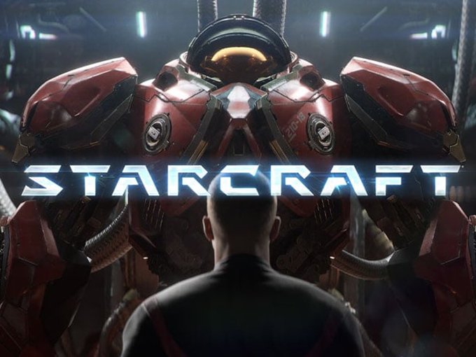 Promotional artwork for 'STARCRAFT,' featuring a person viewed from behind looking up at a massive, red mechanical suit or mech.