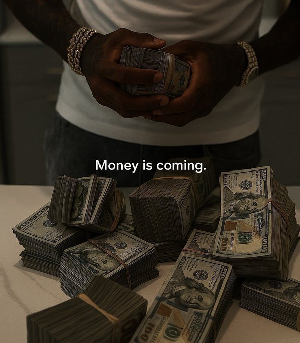 A person wearing diamond bracelets and a watch holds a thick stack of hundred-dollar bills above several more bundles, with the text 'Money is coming.'