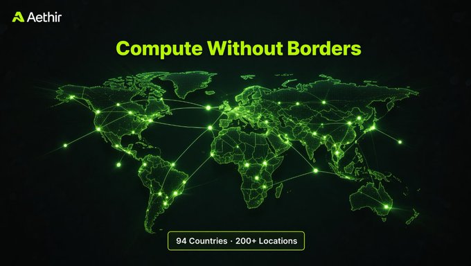 A promotional graphic for Aethir showing a green world map with network nodes and connections, titled 'Compute Without Borders' covering 94 Countries and 200+ Locations.