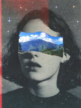 A surreal collage featuring a black-and-white portrait with a cut-out section over the eyes revealing a vibrant landscape of mountains and clouds, framed by a starry sky. The piece, titled "GM Ávila," is a tribute to Venezuelan resilience, with open editions available for 6 days at 18 minted / 20 XTZ.