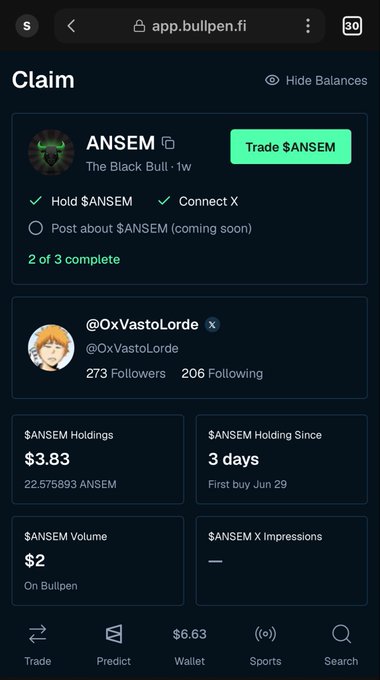 A Bullpen app 'Claim' page showing $ANSEM token holdings of $3.83 (22.57 ANSEM), with tasks to hold the token and connect X to complete a reward.