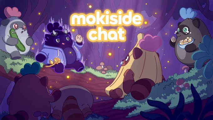 A cozy nighttime forest scene shows a group of cartoon panda-like characters gathered for "mokiside chat," with the title displayed prominently in glowing white and yellow text at the top center. The characters include a panda eating a cucumber on the left, a purple character holding a smartphone, a large yellow creature in the center, and a crying panda eating noodles on the right, all set among glowing mushrooms, fireflies, and lush foliage in purple and blue tones, matching the "Moku Fireside Chat" announcement.