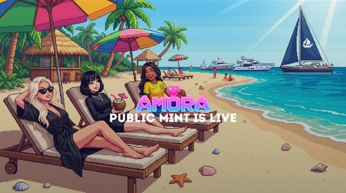A colorful cartoon beach scene featuring women lounging on chairs under umbrellas, with the text 'AMORA PUBLIC MINT IS LIVE' and yachts in the background.