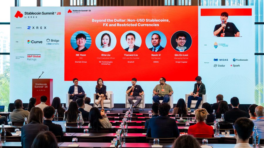 At the Stablecoin Summit SG '26, a panel titled "Beyond the Dollar: Non-USD Stablecoins, FX and Restricted Currencies" featured speakers NK Yoon (Stellar), Rita Liu (HSBC), Tianwei Liu (DraxelX), Navin V (XSWP), and Gin En Looi (Origin Capital), moderated by Cyperboy. The discussion aligns with the post about NK Yoon's insights on JPYSC and yen-denominated stablecoins enabling cross-currency settlement for real-world financial applications.
