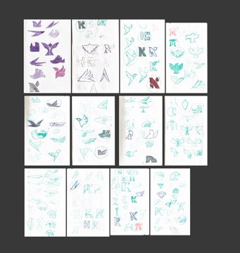 A 3x3 grid of hand-drawn sketchbook pages filled with various illustrative doodles in teal, purple, and gray colors, including letters, shapes, and abstract designs.