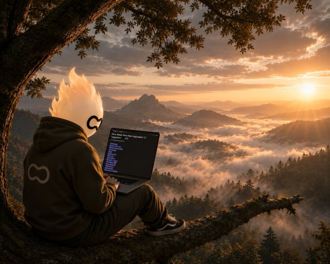 The image shows a hooded figure with a flame-like head sitting on a tree branch overlooking a misty mountain sunset, working on a laptop displaying code with text including "New Deal New Role" and "#jobposting #hiring" — symbolizing patience and persistence in a job search, mirroring the post's frustration about still waiting on a batch opportunity despite consistent daily effort.