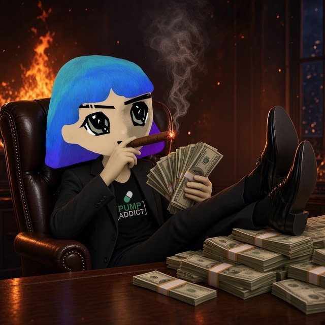 A cartoon-style character with blue hair wearing a 'PUMP ADDICT' t-shirt smokes a cigar while sitting in a leather chair with their feet propped on stacks of cash.