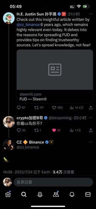 A screenshot of a Twitter/X post from H.E. Justin Sun promoting a 6-year-old CZ Binance article about FUD, with 14.4K views, alongside replies from crypto influencers.