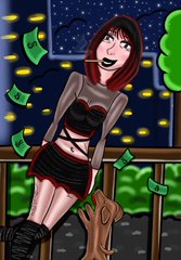 A stylized illustration depicts a woman with dark hair in a red and black outfit standing on a balcony at night, with green dollar bills falling around her.