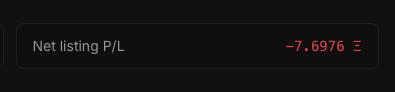 A dark screen displaying a ticker reading 'Net listing P/L -7.6976' in red text, suggesting stock market losses.