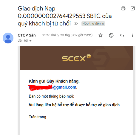 A Vietnamese email screenshot from CTCGP Sàn about a failed deposit transaction of 0.0000000002764429553 SBTC, featuring the SCCX5 logo and a request to contact support regarding the transaction.