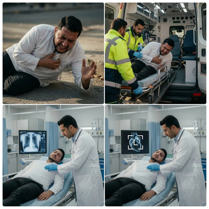 A four-panel image showing a man experiencing chest pain on the ground, being loaded into an ambulance by paramedics, and then undergoing medical examination with a doctor displaying X-ray and heart scan results.