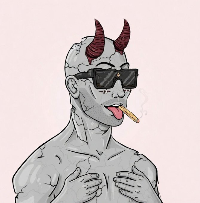 A stylized illustration of a gray stone-skinned demonic figure with red horns, black sunglasses, and stitches on his face, sticking out his tongue while holding a cigarette.