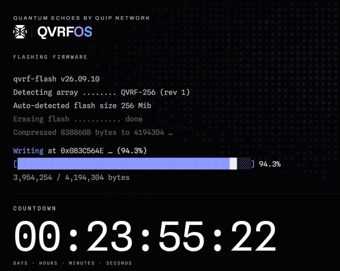 A dark-themed firmware flashing screen for 'QVRFOS' by Quip Network shows a progress bar at 94.3%, indicating bytes written, with a countdown timer of 23 hours, 55 minutes, and 22 seconds remaining.
