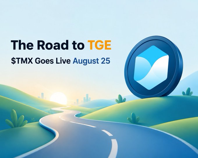 A promotional graphic reads 'The Road to TGE' and '$TMX Goes Live August 25' beside a blue token, set against a 3D illustrated landscape with a winding road.