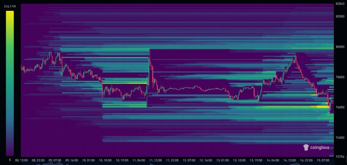 A financial chart from Coinglass showing BTC price movements with a heatmap background, displaying prices ranging from approximately $74,000 to $82,000 over a timeframe from 08.13 to 15.07.