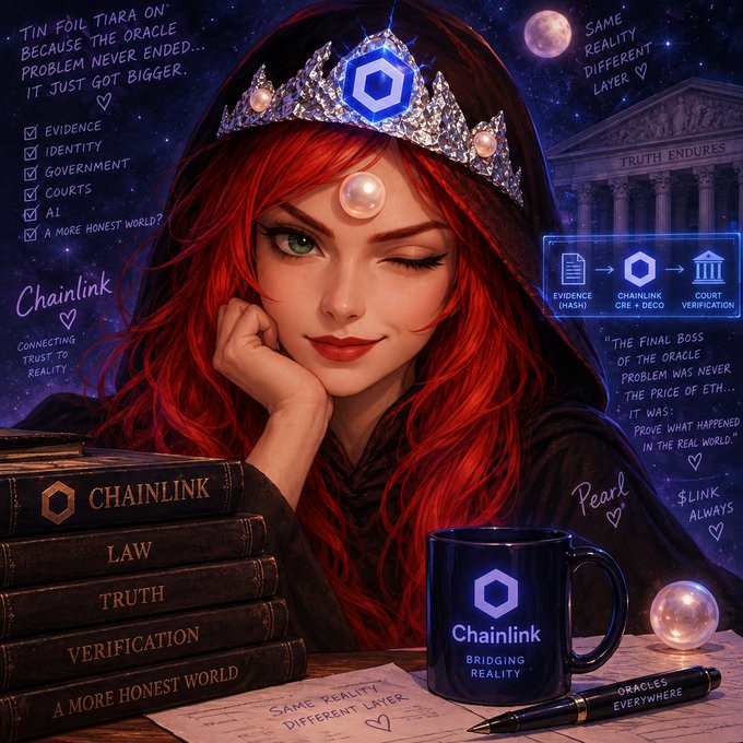 A digital illustration features a red-haired woman wearing a pearl and crystal tiara with a Chainlink logo, surrounded by text including 'TIN FOIL TIARA ON THE ORACLE', 'CHAINLINK', 'BRIDGING REALITY', and a book titled 'A MORE HONEST WORLD'.