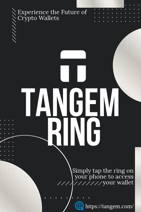 Black and white promotional poster for Tangem Ring, a crypto wallet, with text reading "Experience the Future of Crypto Wallets" and "Simply tap the ring on your phone to access your wallet."