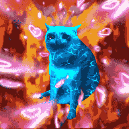 A glowing blue cat with a rippled, liquid texture sits regally at the center of a fiery, psychedelic explosion of orange and pink light, embodying a fierce, fearless energy. The radiant feline visually amplifies the post's message of empowerment, fitting perfectly with the bold "$CASHCAT" ticker.