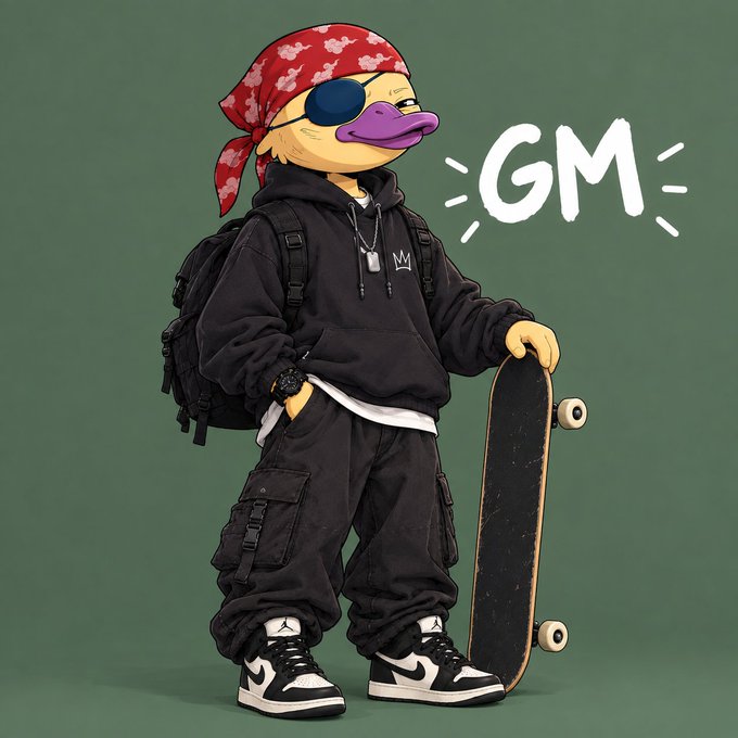 An illustration of a cartoon character with a red bandana, an eye patch, and a duckbill, wearing streetwear and holding a skateboard next to the text "GM".