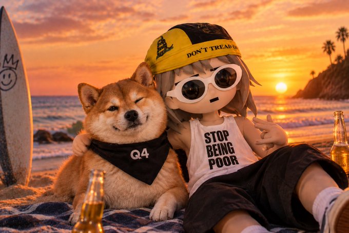 A 3D-style render of an anime character wearing a 'STOP BEING POOR' tank top and a 'DON'T TREAD ON ME' hat, posing with a smiling Shiba Inu dog wearing a 'Q4' bandana on a beach at sunset.